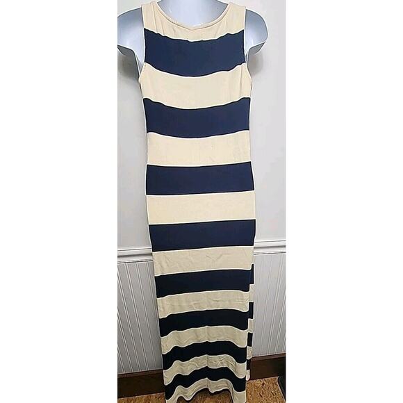 Tommy Hilfiger Tank Dress M Blue Cream Logo Stripe Nautical Maxi Stretch Knit - Picture 3 of 9